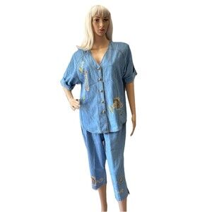 Vintage 90s Monique Fashions Painted Denim Capri & Top Two Piece Set Sz 14-16